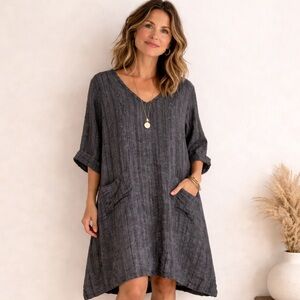FLAX Linen Dress Charcoal Stripe Midi Pockets L Made Lithuania